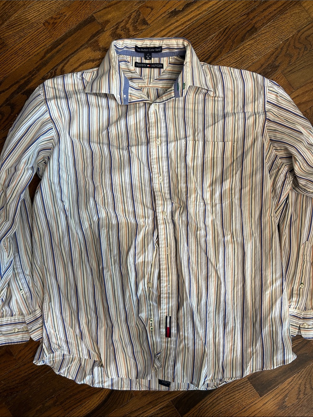Tommy Hilfiger Men’s White Shirt with Blue and Tan Stripes